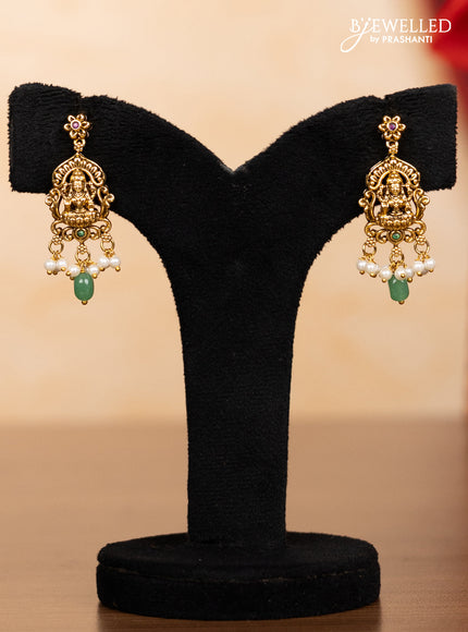 Pearl triple layer haaram lakshmi pendant with kemp stones and mint green beads hangings