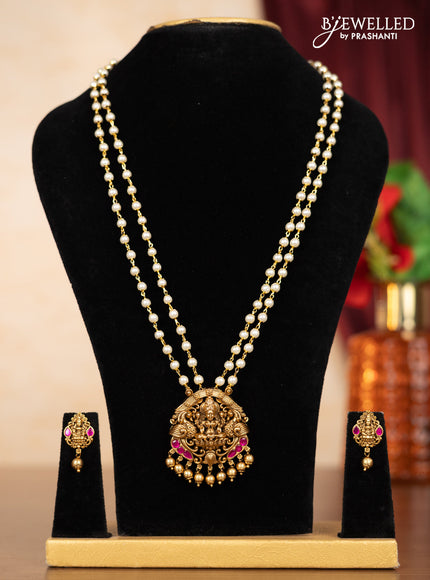 Pearl double layer haaram with pink jadau stones and golden beads hangings