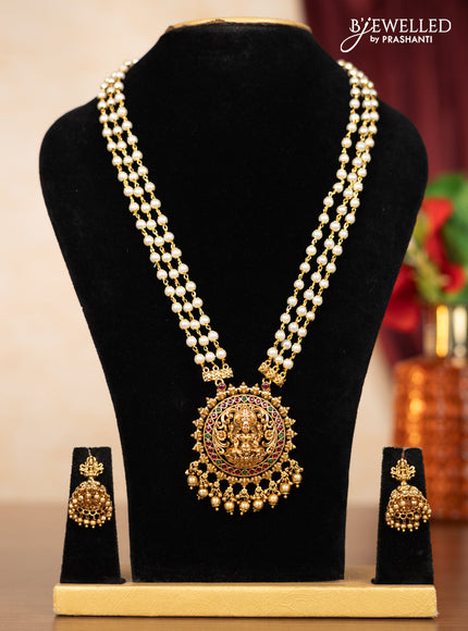 Pearl triple layer haaram lakshmi pendant with kemp stones and golden beads hangings