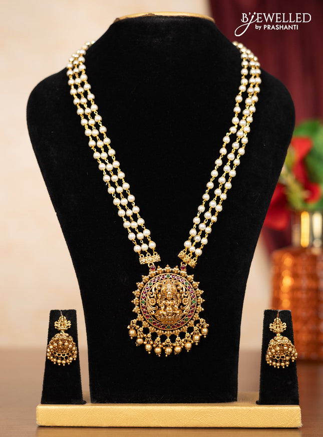 Pearl triple layer haaram lakshmi pendant with kemp stones and golden beads hangings