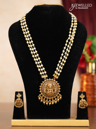 Pearl triple layer haaram lakshmi pendant with kemp stones and golden beads hangings