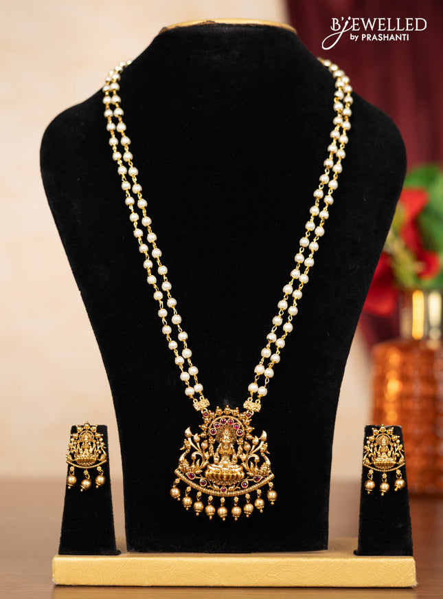 Pearl double layer haaram lakshmi pendant with ruby stones and golden beads hangings