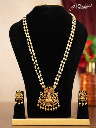 Pearl double layer haaram lakshmi pendant with ruby stones and golden beads hangings