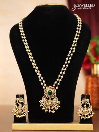 Pearl double layer haaram ganesha pendant with emerald & cz stones and pearl & golden beads hangings