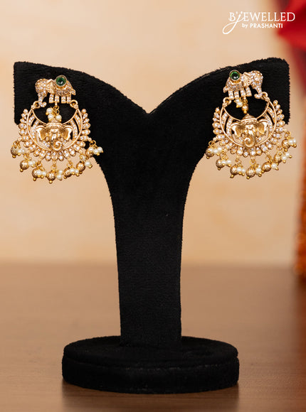 Pearl double layer haaram ganesha pendant with emerald & cz stones and pearl & golden beads hangings