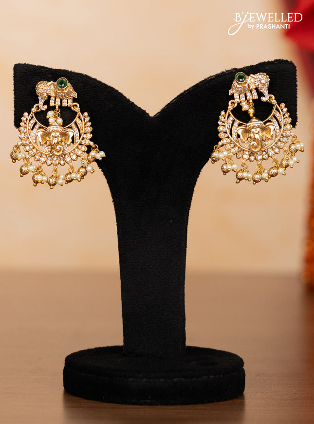 Pearl double layer haaram ganesha pendant with emerald & cz stones and pearl & golden beads hangings