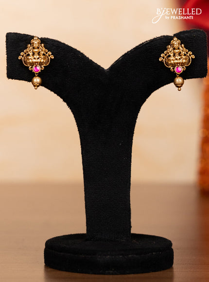 Pearl double layer haaram lakshmi pendant with pink jadau stones and golden beads hangings
