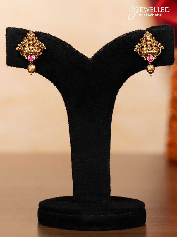 Pearl double layer haaram lakshmi pendant with pink jadau stones and golden beads hangings