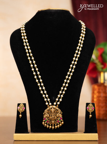 Pearl double layer haaram lakshmi pendant with kemp jadau stones and golden beads hangings