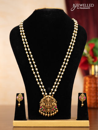 Pearl double layer haaram lakshmi pendant with kemp jadau stones and golden beads hangings