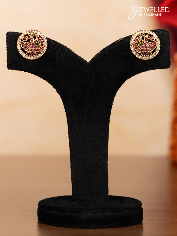 Pearl double layer haaram peacock design with kemp & cz stones and golden beads hangings