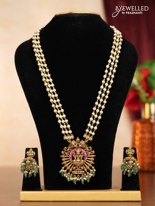 Pearl triple layer haaram lakshmi pendant with pink jadau stones and mint green beads hangings