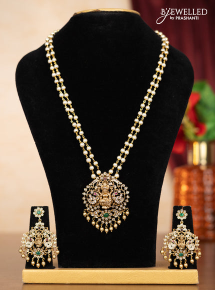 Pearl double layer haaram lakshmi pendant with kemp & cz stones and golden beads hangings
