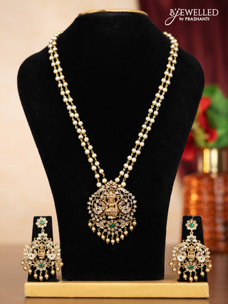 Pearl double layer haaram lakshmi pendant with kemp & cz stones and golden beads hangings