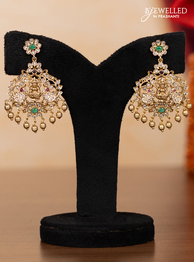 Pearl double layer haaram lakshmi pendant with kemp & cz stones and golden beads hangings