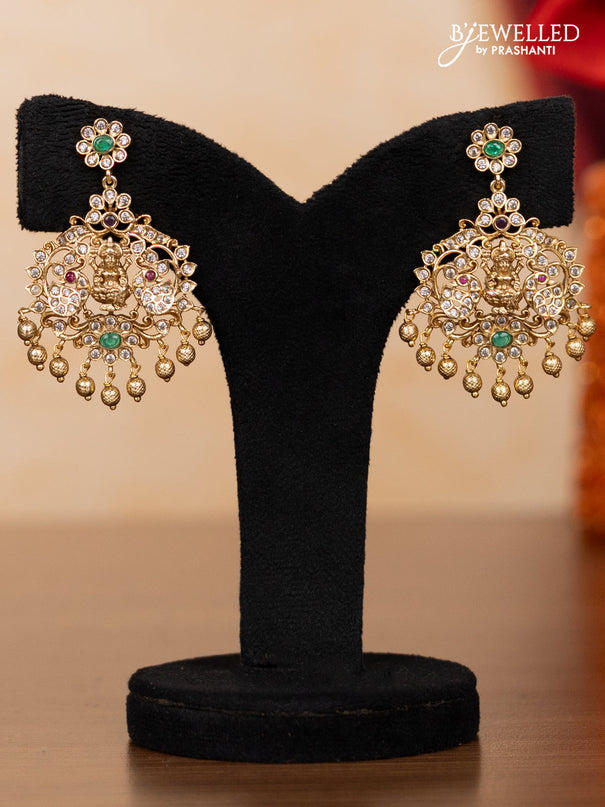 Pearl double layer haaram lakshmi pendant with kemp & cz stones and golden beads hangings