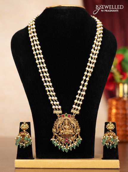 Pearl triple layer haaram lakshmi pendant with kemp jadau stones and mint green beads hangings