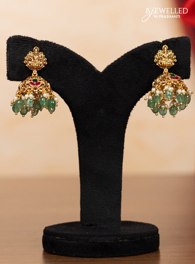 Pearl triple layer haaram lakshmi pendant with kemp jadau stones and mint green beads hangings