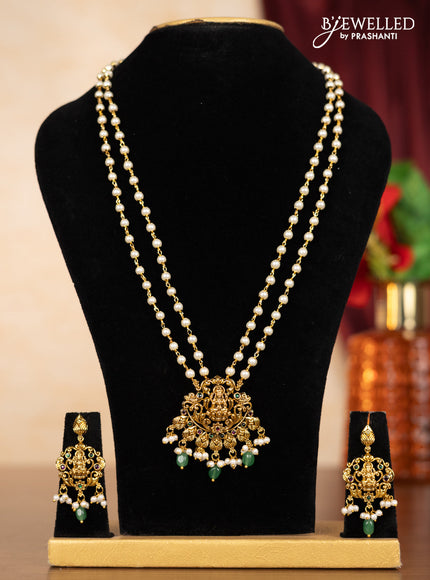 Pearl double layer haaram lakshmi pendant with kemp stones and pearl & mint green beads hangings