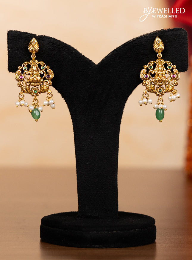 Pearl double layer haaram lakshmi pendant with kemp stones and pearl & mint green beads hangings