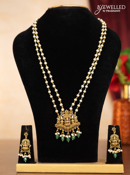 Pearl double layer haaram lakshmi pendant with kemp stones and pearl & mint green beads hangings