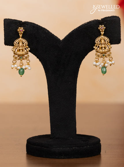 Pearl double layer haaram lakshmi pendant with kemp stones and pearl & mint green beads hangings