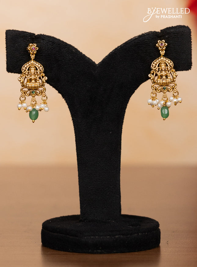 Pearl double layer haaram lakshmi pendant with kemp stones and pearl & mint green beads hangings