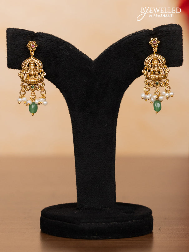 Pearl double layer haaram lakshmi pendant with kemp stones and pearl & mint green beads hangings