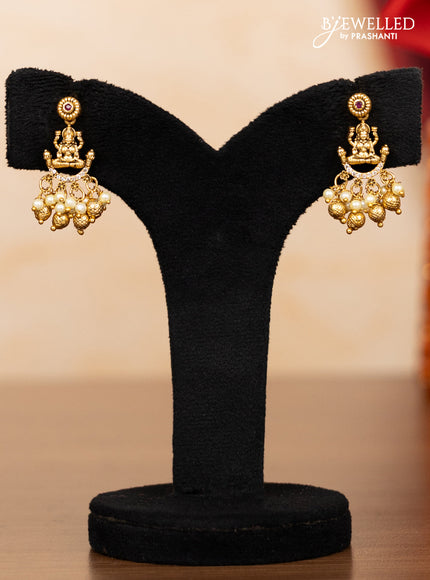 Pearl double layer haaram lakshmi pendant with kemp & cz stones and pearl & golden beads hangings