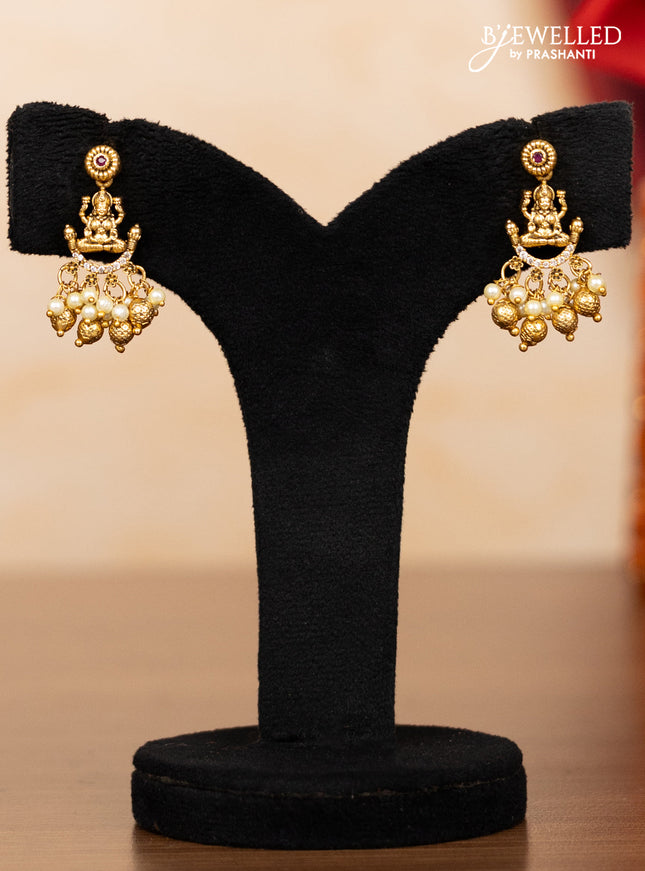 Pearl double layer haaram lakshmi pendant with kemp & cz stones and pearl & golden beads hangings