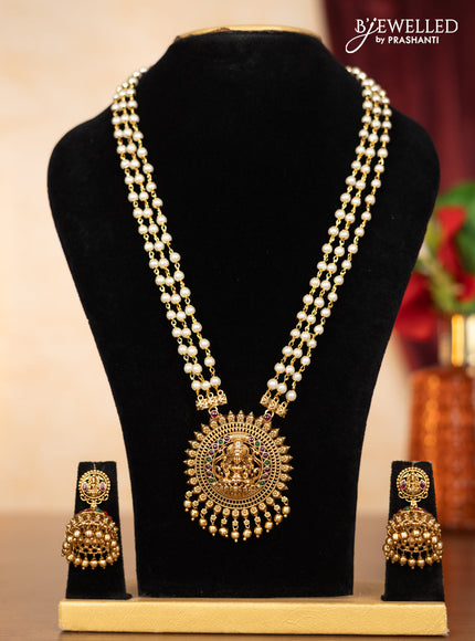Pearl triple layer haaram lakshmi pendant with kemp stones and golden beads hangings