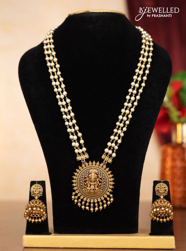Pearl triple layer haaram lakshmi pendant with kemp stones and golden beads hangings