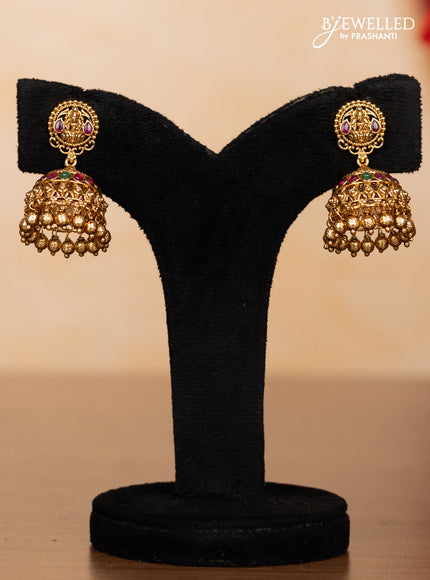 Pearl triple layer haaram lakshmi pendant with kemp stones and golden beads hangings