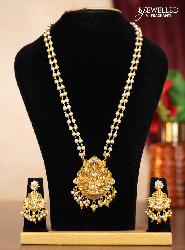 Pearl double layer haaram lakshmi pendant with kemp & cz stones and pearl & golden beads hangings