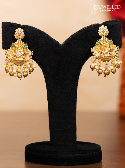 Pearl double layer haaram lakshmi pendant with kemp & cz stones and pearl & golden beads hangings