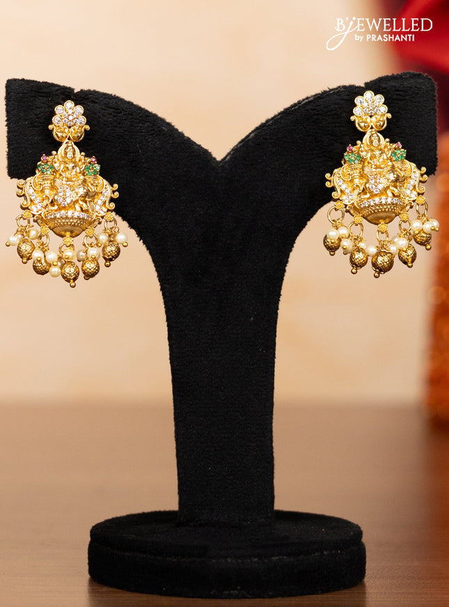 Pearl double layer haaram lakshmi pendant with kemp & cz stones and pearl & golden beads hangings