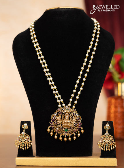 Pearl double layer haaram lakshmi pendant with kemp & kundan stones and golden beads hangings
