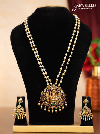 Pearl double layer haaram lakshmi pendant with kemp & kundan stones and golden beads hangings