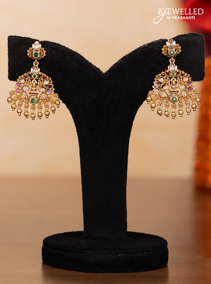 Pearl double layer haaram lakshmi pendant with kemp & kundan stones and golden beads hangings