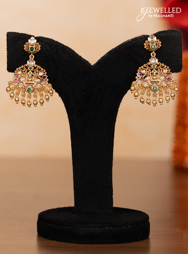 Pearl double layer haaram lakshmi pendant with kemp & kundan stones and golden beads hangings