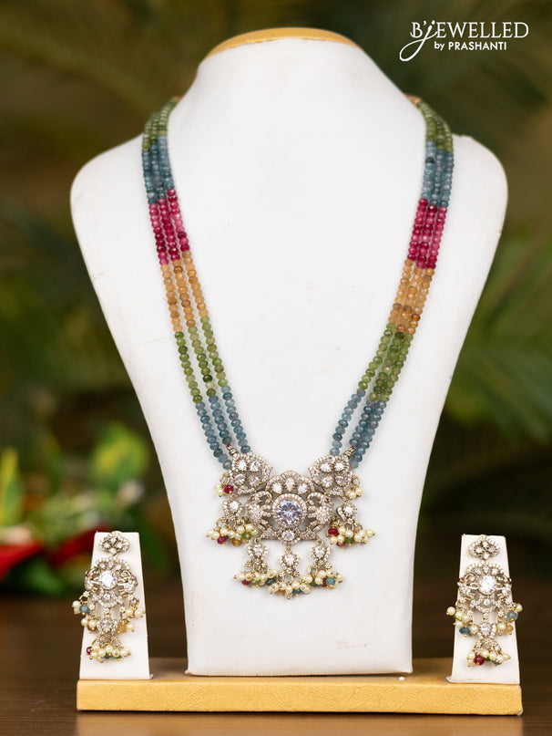 Beaded triple layer multicolor necklace with elephant pendant in victorian finish