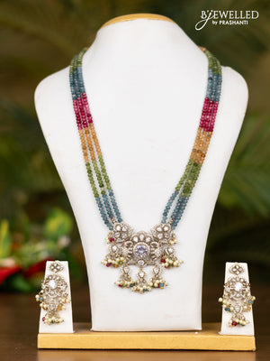 Beaded triple layer multicolor necklace with elephant pendant in victorian finish
