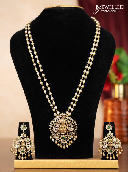 Pearl double layer haaram lakshmi pendant with kemp & cz stones and golden beads hangings