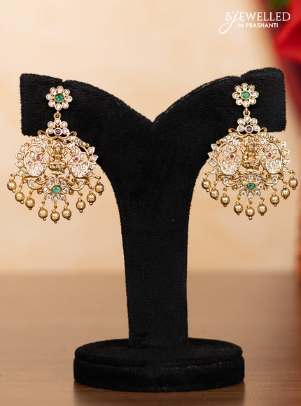 Pearl double layer haaram lakshmi pendant with kemp & cz stones and golden beads hangings