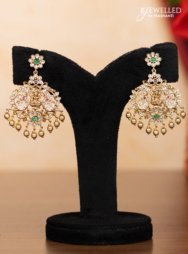Pearl double layer haaram lakshmi pendant with kemp & cz stones and golden beads hangings