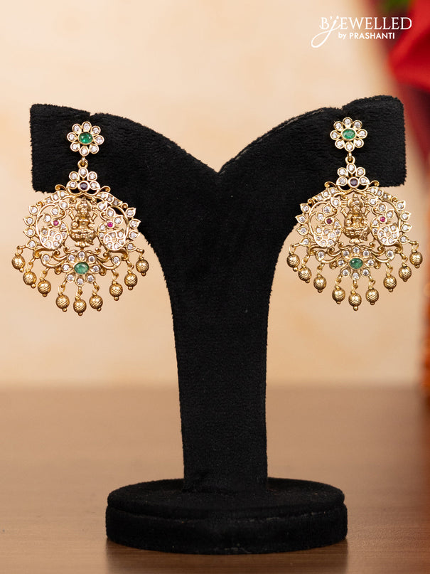 Pearl double layer haaram lakshmi pendant with kemp & cz stones and golden beads hangings