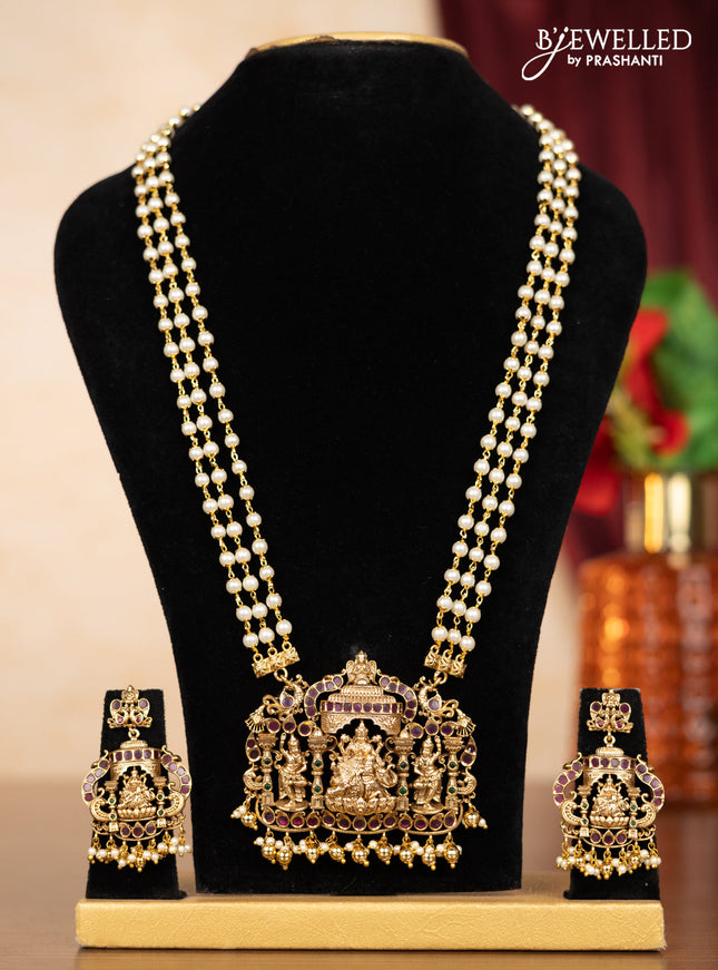 Pearl triple layer haaram lakshmi pendant with kemp stones and golden beads hangings