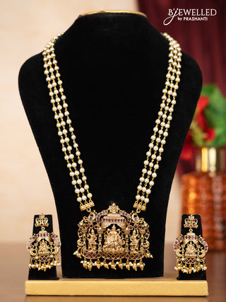 Pearl triple layer haaram lakshmi pendant with kemp stones and golden beads hangings