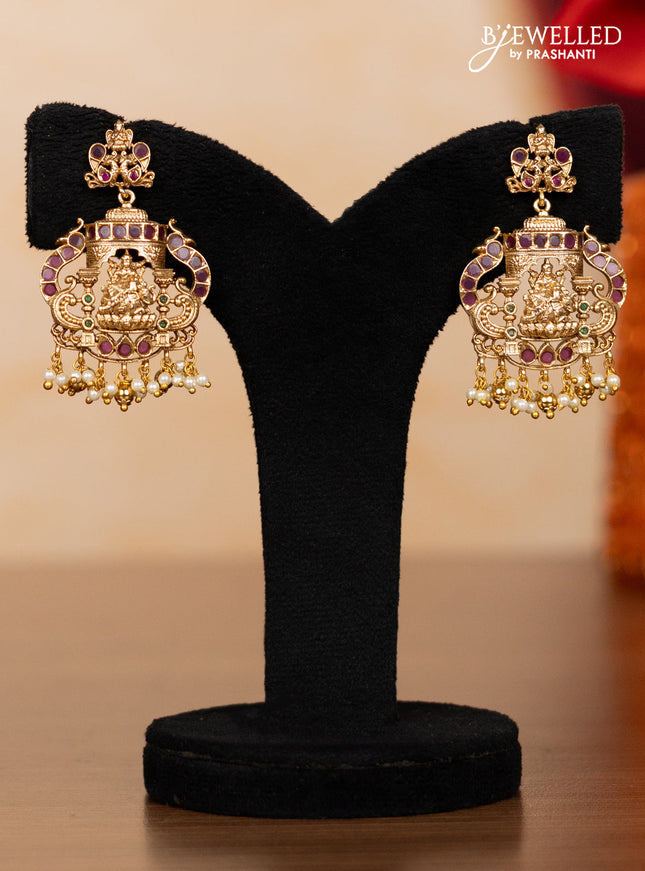 Pearl triple layer haaram lakshmi pendant with kemp stones and golden beads hangings