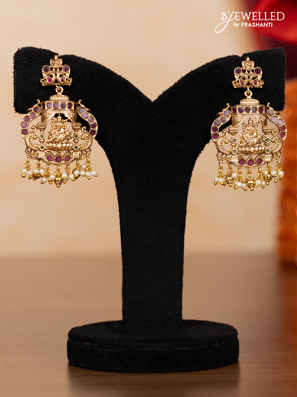Pearl triple layer haaram lakshmi pendant with kemp stones and golden beads hangings